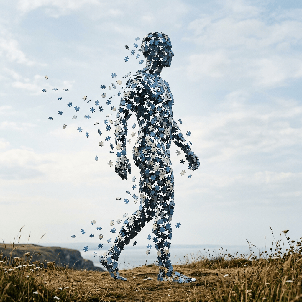 Walking human figure composed of blue and white puzzle pieces dissolving in the wind