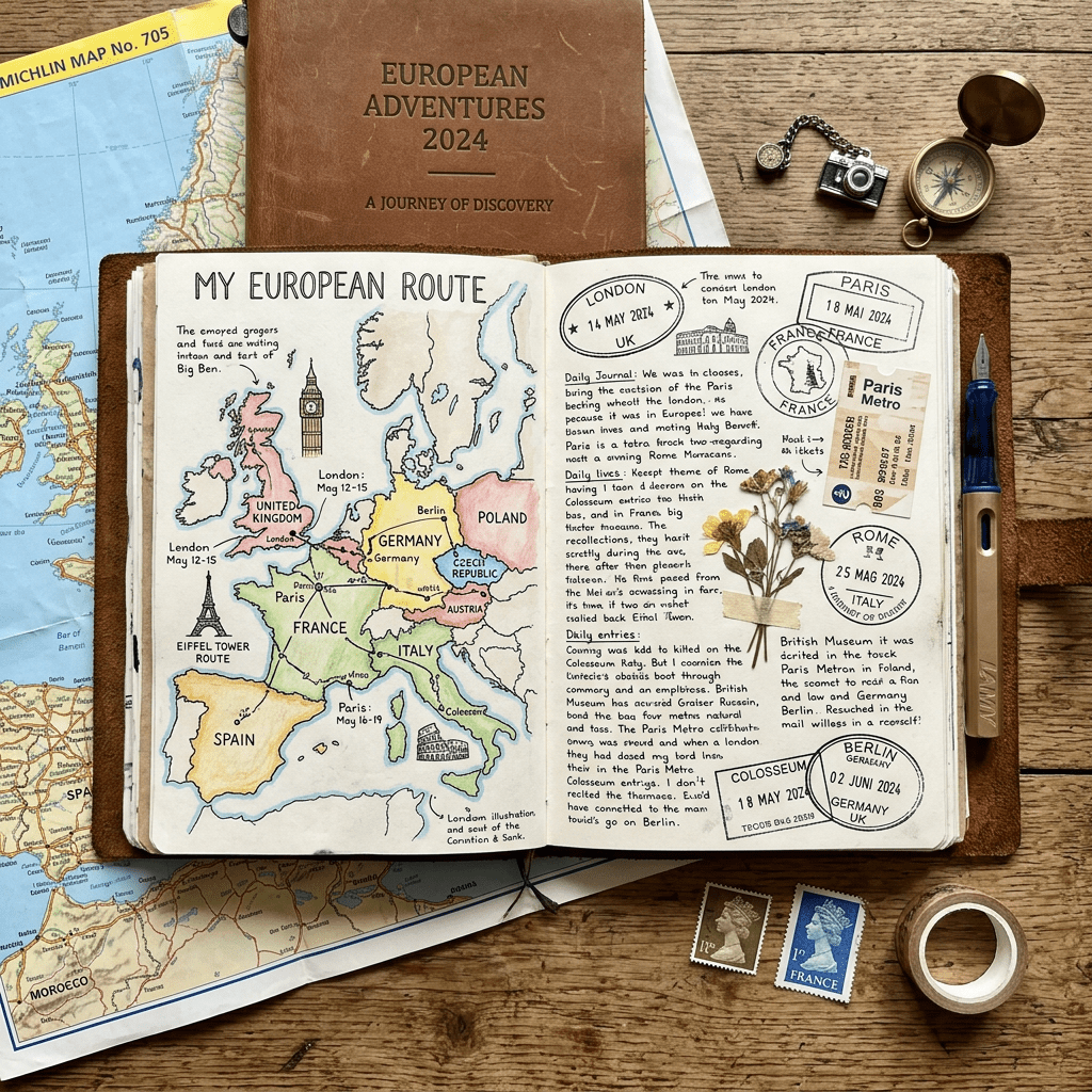 Open travel journal showing a hand-drawn map of Europe with travel routes and notes
