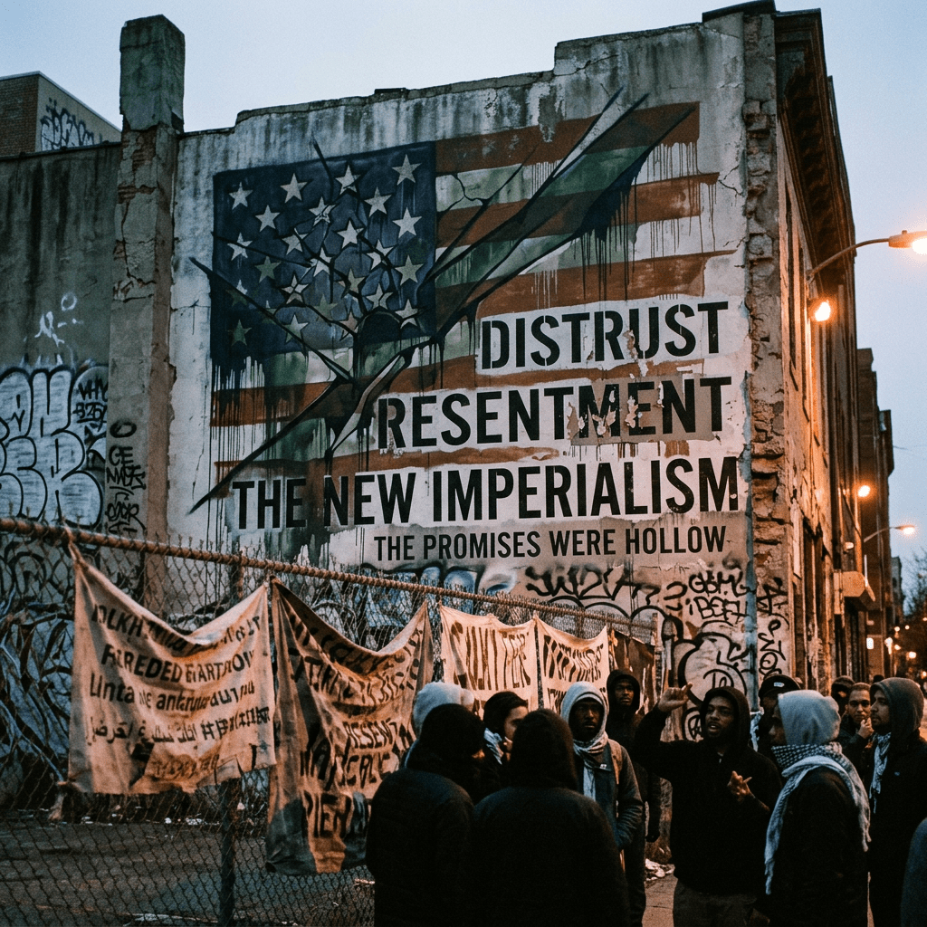 Protest mural reading “DISTRUST,” “RESENTMENT,” “THE NEW IMPERIALISM,” and “THE PROMISES WERE HOLLOW,” above demonstrators.